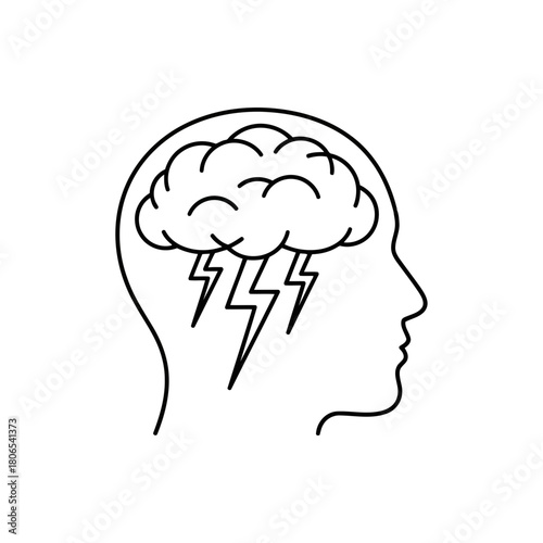 Brain with lightning bolts inside a head silhouette, isolated on concept of mental storm and stress
