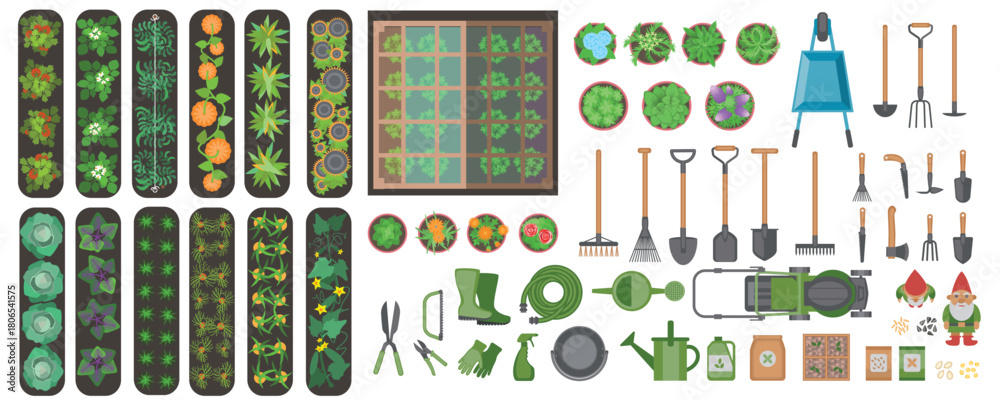 Naklejka premium Top view of vegetable beds of tomatoes, cucumbers, cabbage, zucchini, pumpkin and garden tools. Flat design illustration of isolated items for gardening. View from above. Set of icons. Aerial