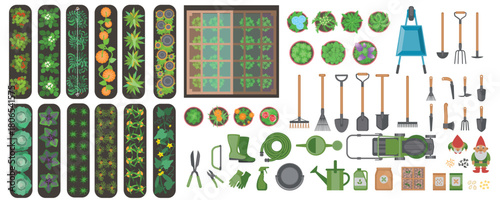 Top view of vegetable beds of tomatoes, cucumbers, cabbage, zucchini, pumpkin and garden tools. Flat design illustration of isolated items for gardening. View from above. Set of icons. Aerial