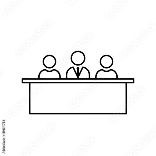 A simple black and white line drawing of a panel of judges isolated on