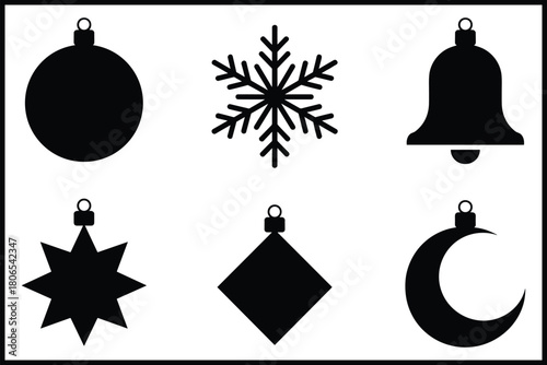 Christmas and winter season ornament black silhouette icon set isolated on white background, Vector