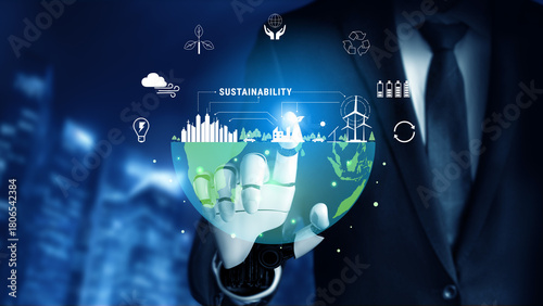 The concept of using AI for sustainability and green energy management. An AI vision for a smart city with renewable resources and a clean ecosystem. Motif