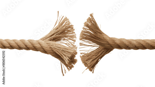 Severed Rope with Frayed Ends Demonstrating Breakage on a White Background broken torn