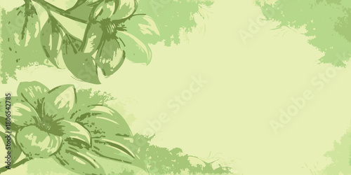 Softly rendered green floral illustration with delicate leaves and buds on a pale yellow background