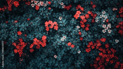 Colorful Floral Background with Red and White Blooms on Green Leaves