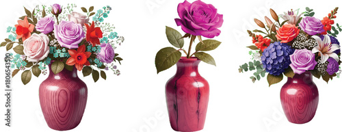 described presents a diverse floral display, centered around three distinct red vases.