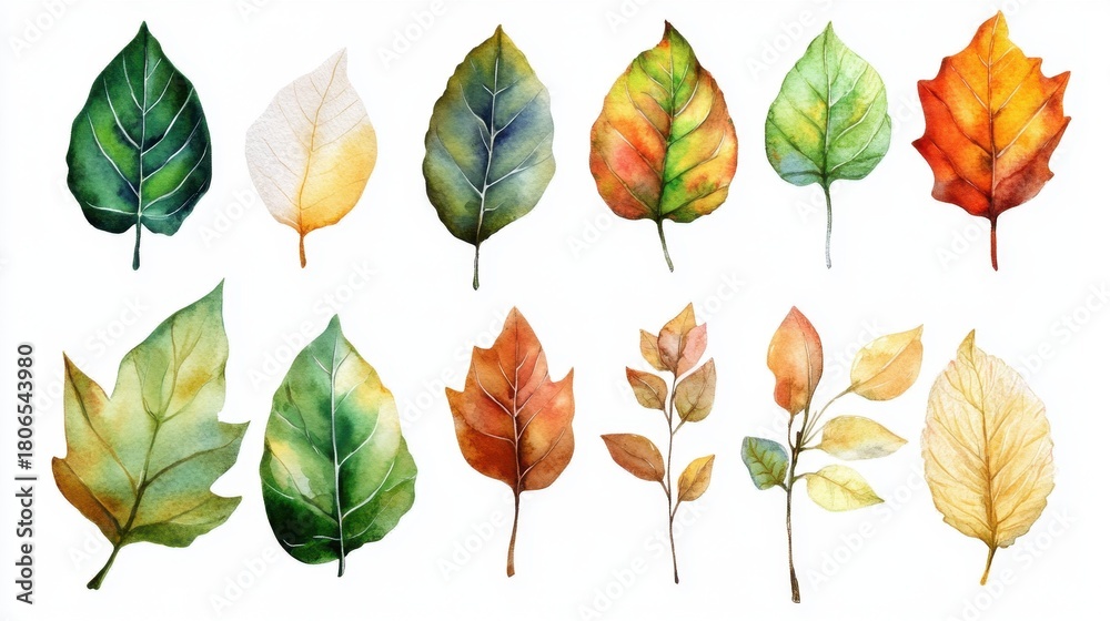 Fototapeta premium Watercolor Leaves Collection in Various Colors and Shapes