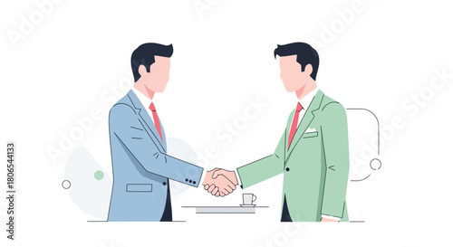 Illustration of two businessmen in suits shaking hands over a table, symbolizing agreement and partnership