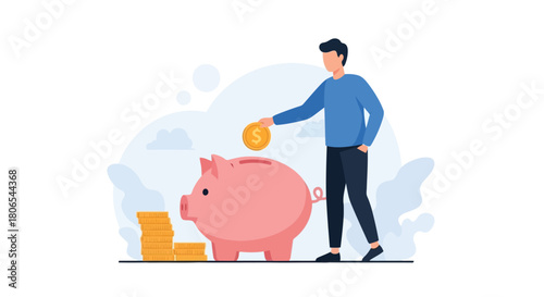 Illustration of man putting coin into piggy bank with stack of gold coins, concept of saving money and financial planning