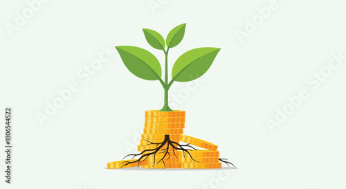 Illustration of plant growing from stack of gold coins with roots, concept of investment growth and financial prosperity