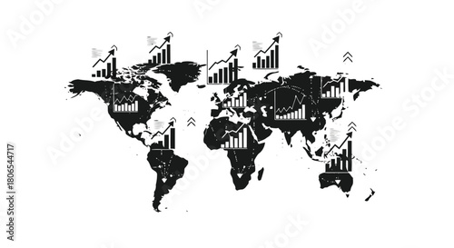 Illustration of world map showcasing global financial market growth and economic trends with upward trending stock charts and currency symbols