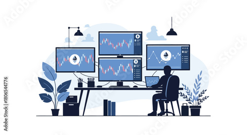 Illustration of trader working on multiple computer screens displaying stock market charts and graphs