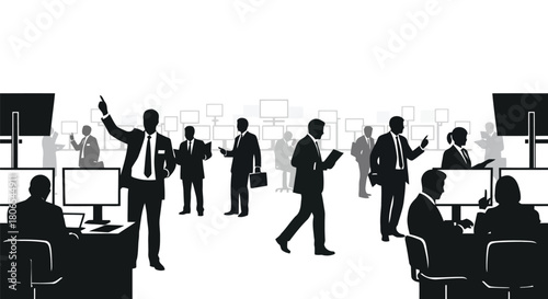 Illustration of silhouettes of businessmen in a modern office with computers and monitors