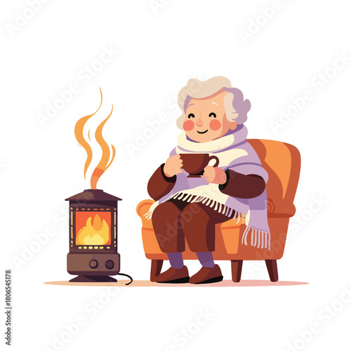 an elderly person enjoying a warm cup of tea beside a small heater, wrapped in a winter shawl.