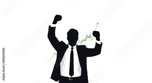 Illustration of silhouette of a businessman with fist raised in triumph, with a rising stock market graph in the background