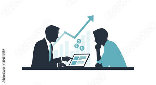 Illustration of two businessmen in silhouette discussing a laptop with a rising financial graph and currency symbols