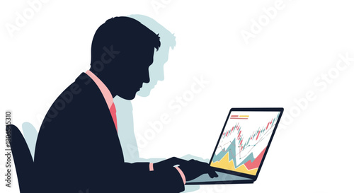 Illustration of silhouette of a businessman in a suit working on a laptop displaying a stock market graph