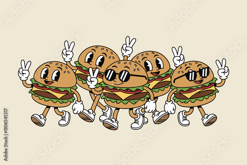 Cute cartoon burgers with sunglasses and peace signs dancing tog