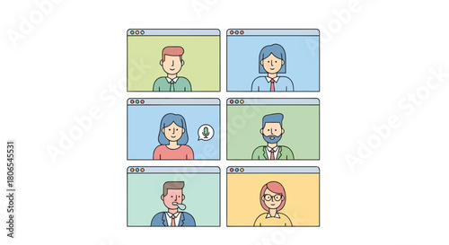 Illustration of video conference call with six participants shown in separate windows on a computer screen, illustrating online communication and remote meetings