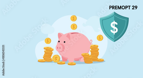 Illustration of pink piggy bank with stacks of gold coins and falling coins, symbolizing savings and financial security with a shield icon