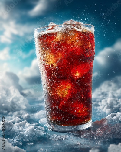 Chilled glass of refreshing coke with frosty condensation perfect for winter gatherings and enjoyment
