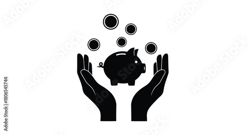 Illustration of hands holding a piggy bank with coins falling from above, representing saving money, financial security, and investment