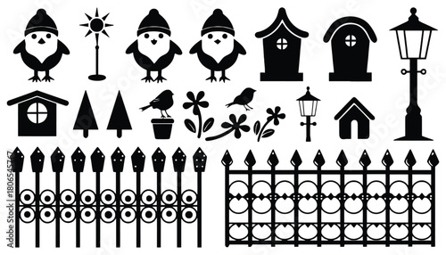 Vector images of birds houses fences and street lamps black