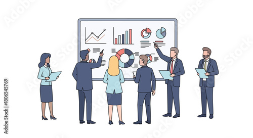 Illustration of business people gathered around a whiteboard displaying charts and graphs
