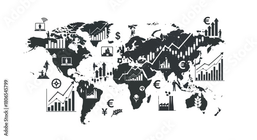 Illustration of world map with overlay of financial charts, graphs, currency symbols, and business icons, symbolizing global economy and finance
