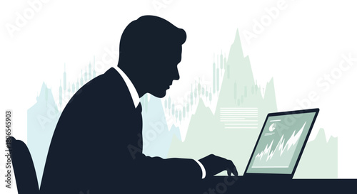 Illustration of silhouette of a businessman working on a laptop with a financial graph in the background, representing stock market analysis and trading