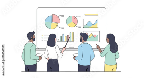 Illustration of team of professionals analyzing financial data and charts on a whiteboard during a business meeting