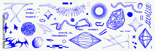 Graphic shape asset pack. Pixelated, bitmap, halftone and dithered abstract geometric elements, also basic forms. Vector isolated shape for sticker, web, cyber design