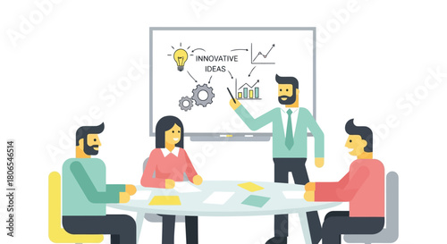 Illustration of team brainstorming innovative ideas around a table with a whiteboard presentation