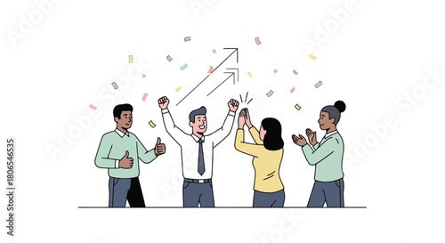 Illustration of successful business team celebrating with high fives and confetti