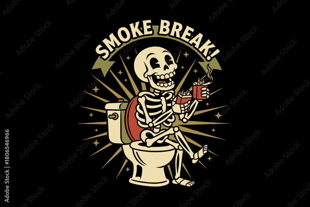 Obraz premium Skeleton sitting on toilet smoking a cigarette and drinking coff