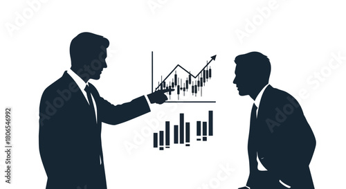 Illustration of two businessmen in silhouette pointing at a rising stock market graph