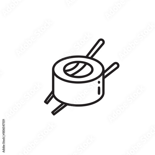 Sushi Roll Icon with Chopsticks, Simple Black and White Line Art. Japanese Maki Vector Illustration for Asian Food Restaurant Menu or Seafood Logo.