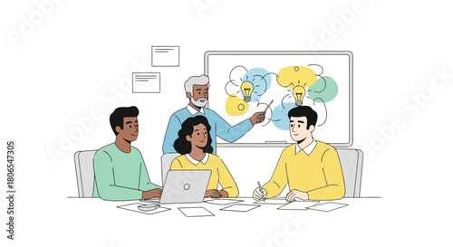 Illustration of diverse team in a meeting brainstorming ideas with lightbulbs on a whiteboard