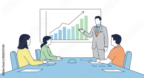 Illustration of business meeting with a presenter showing a growth chart on a screen to colleagues around a table
