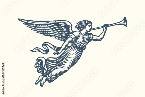 Flying angel with trumpet vintage engraving vector illustration