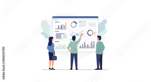 Illustration of team of people analyzing financial data on a large screen with charts and graphs