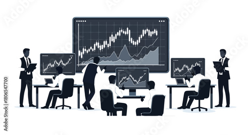 Illustration of stock market traders analyzing financial data on multiple computer screens in a dark trading room