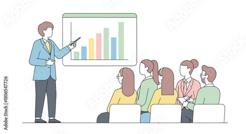 Illustration of man giving a business presentation with a bar graph on a screen to an audience seated in a conference room