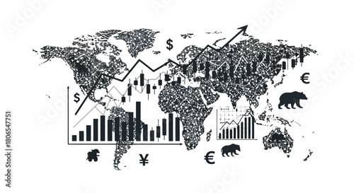 Illustration of global financial market concept with world map overlaid with stock charts, currency symbols, and bull and bear icons