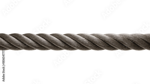 Close-up of a Thick Metal Wire Rope with Twisted Strands on a White Background cable steel
