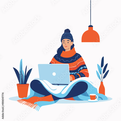 an adult working remotely at home during winter