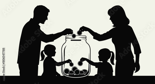 Illustration of silhouette of a family saving money in a large jar, with parents and children contributing coins