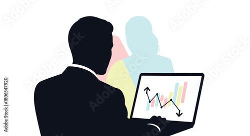 Illustration of businessman looking at laptop with financial chart, symbolizing data analysis and investment strategy