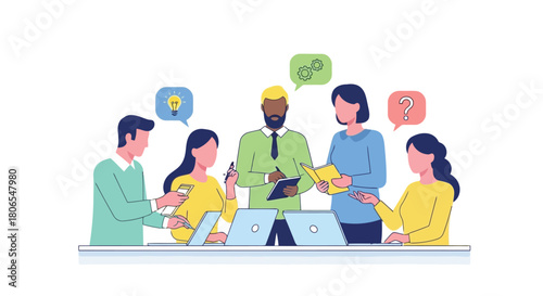 Illustration of diverse team of professionals collaborating around a table with laptops, brainstorming ideas with speech bubbles containing icons like lightbulb and question mark