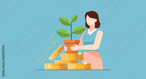 Illustration of woman holding a potted plant with growing leaves and a stack of gold coins, symbolizing financial growth and investment